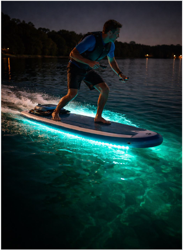 E-SUP at night with LED lighting